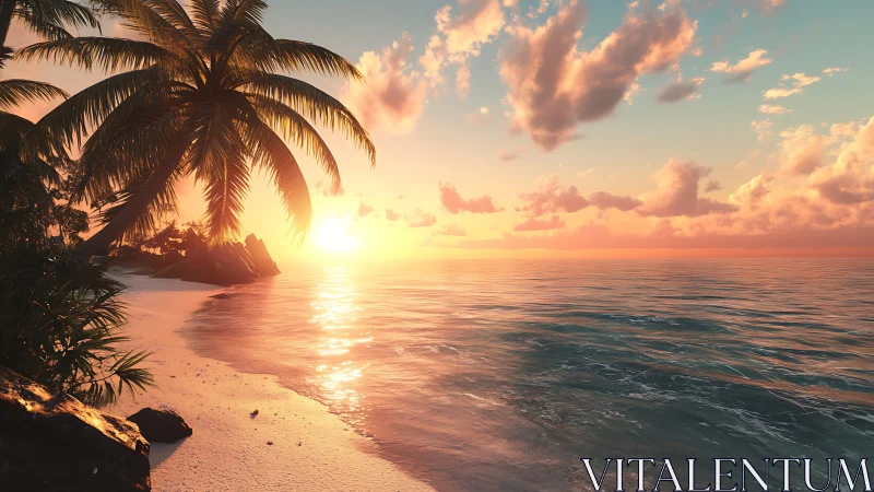 Radiant tropical shoreline with volumetric sunset illumination.