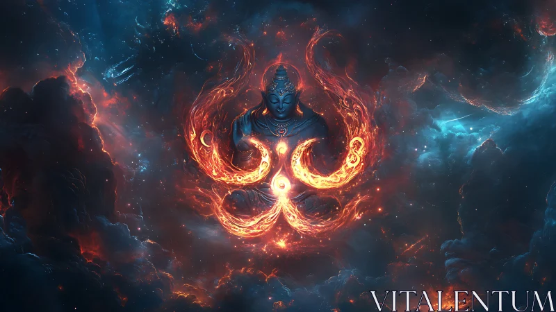 Celestial figure in luminous nebula with symmetrical fire forms