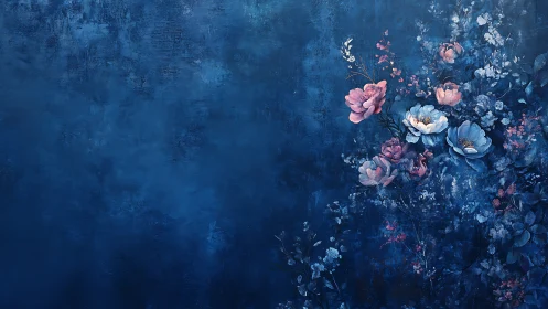 Pink and blue flowers bloom against deep indigo textured wall surface