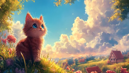 Red-Furred Feline Digital Rendering Against Luminous Cumulus Cloud Formation.