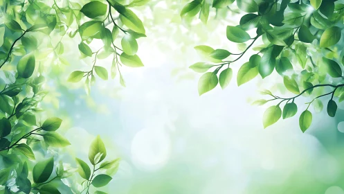 Sunlit green leaves frame soft bokeh sky background