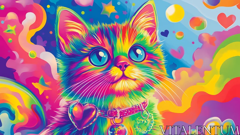 Radiant rainbow kitten gazes up in a dreamy candy sky