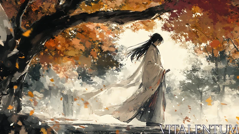 Solitary robed figure walks beneath autumn foliage in mist