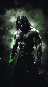 Muscular warrior in toxic green backlit atmospheric haze.