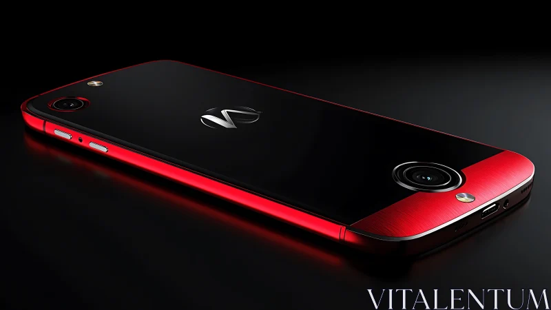 Red black smartphone lies on dark surface under studio light