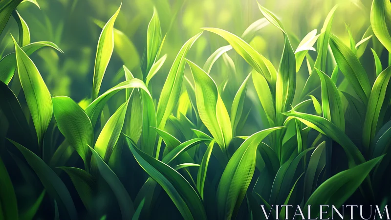 Lush green grass blades under soft glowing sunlight.