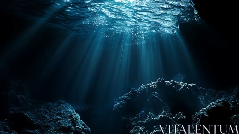 Sunbeams pierce a tranquil underwater cavern in blue silence