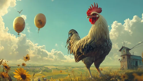 Large rooster stands prominently in surreal pastoral landscape with balloons
