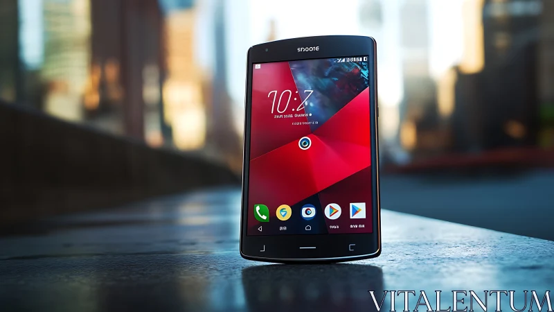 Smartphone Display Product Photography Shot Against Blurred Urban Backdrop.