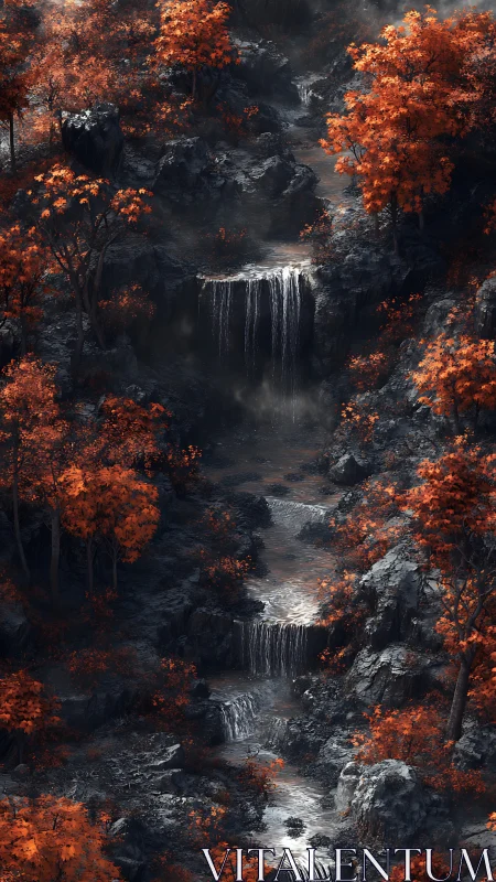 Cascading Waterfalls Among Autumn Foliage in Mystical Forest.