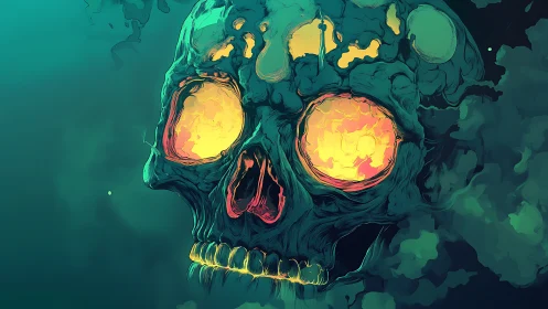 Luminous toxic skull illustration with vaporous teal smoke.
