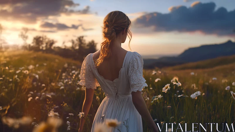 Sunset field traversal by solitary figure in white dress.