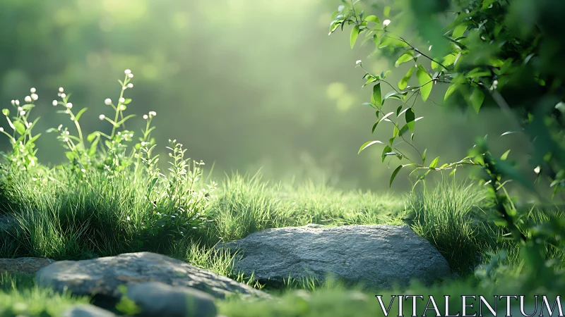 Sunlit grass, rocks and foliage in shallow depth of field.