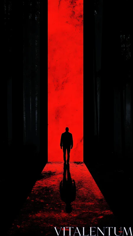 Lone wanderer confronting a burning red forest portal.