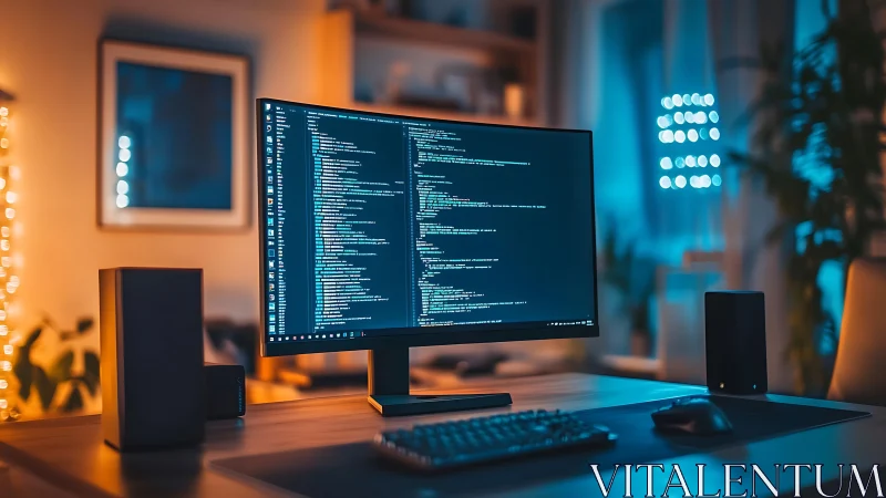 Ultra-wide monitor displays code in a cozy modern workspace.