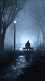 Solitary figure on bench in misty blue nocturnal park.
