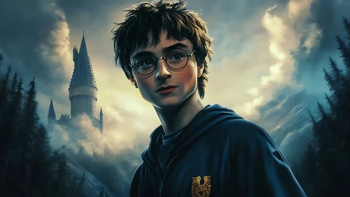 Moody digital portrait of bespectacled youth before misty tower.