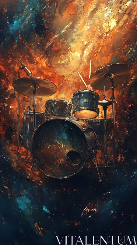 Drum kit blazing against swirling cosmic firestorm backdrop.