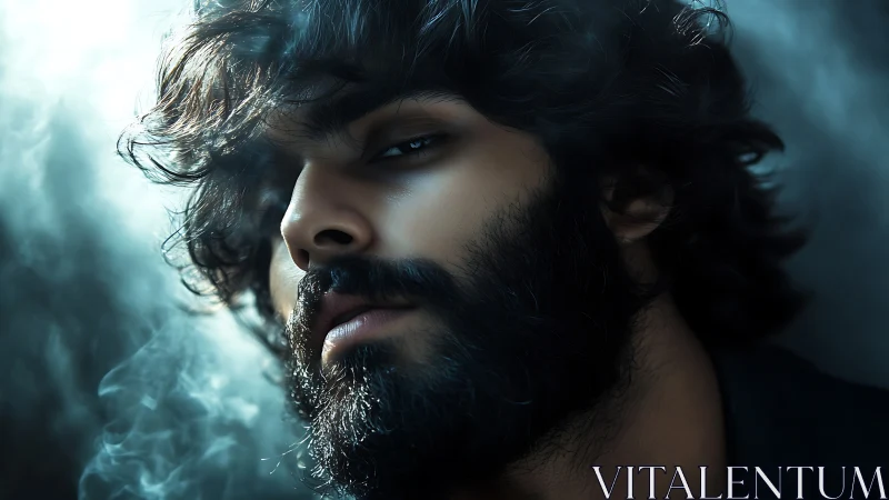 Moody bearded man in blue smoke with cinematic rim light