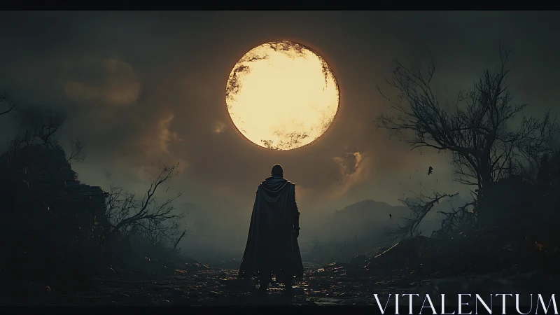 Lone wanderer beneath a blazing moonlit wasteland sky.