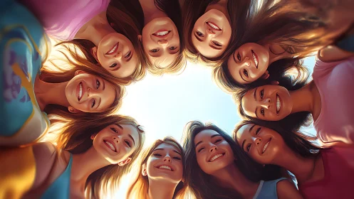 Group of Happy Young Women in a Circle, Vibrant Artistic Style.