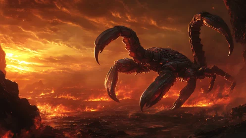 Giant infernal scorpion strides across volcanic wasteland