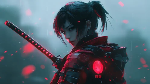 Cybernetic kunoichi in neon red armor, cinematic rain portrait.
