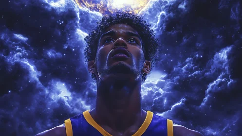 Basketball player portrait under cosmic storm sky with rim lighting