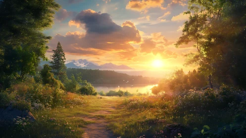 Sunlit lakeside meadow with distant snow-capped mountains.