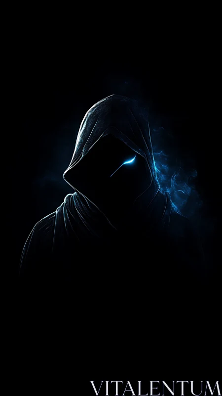 Hooded digital specter glows with single cyan eye in void