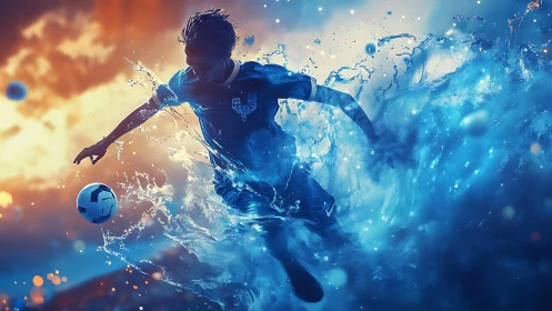 Dynamic soccer player dancing through waves of glowing water.