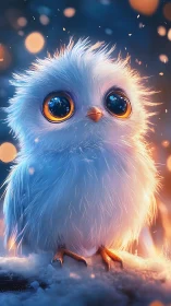 Fluffy white baby bird with large glowing orange eyes.