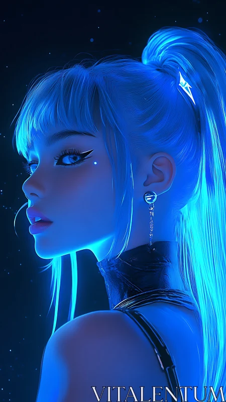 Neon-lit cyber portrait isolates a blue-haired futuristic muse