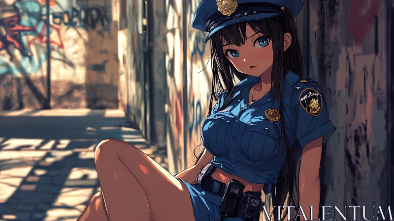 Anime police officer resting in sunlit alley with strong rim lighting
