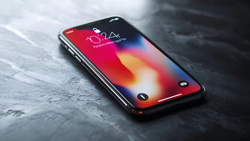Black smartphone displaying colorful wallpaper on textured surface