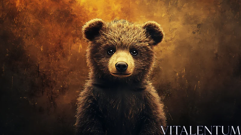 Warm-lit young bear portrait against textured amber haze.