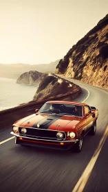 Vintage sports coupe travels along coastal highway bend