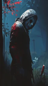 Masked hooded figure in dim forest with bloodstained clothing.