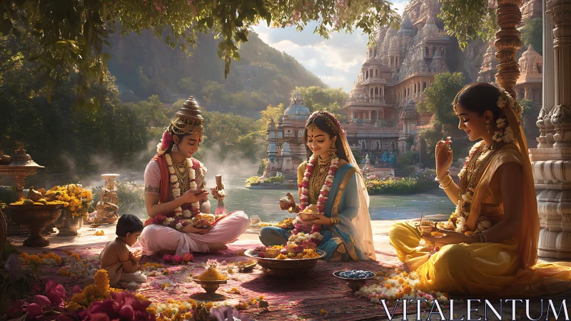 Hindu figures seated in ritual scene near riverside temple.