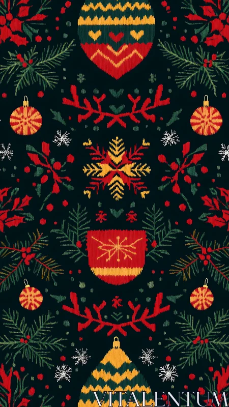 Nordic knitted Christmas pattern with ornaments and firs.