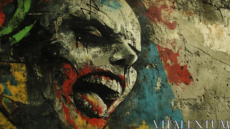 Distressed concrete mural of screaming clown face in decay