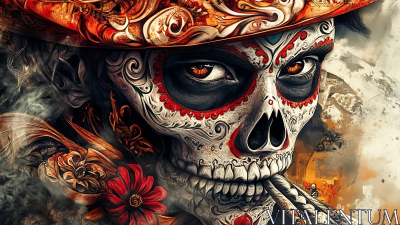 Ornate sugar skull portrait with floral filigree detailing.