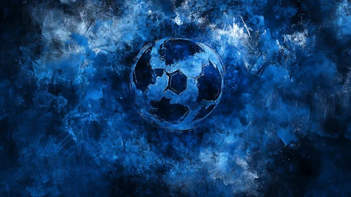 Celestial blue soccer ball swirling in textured night sky.