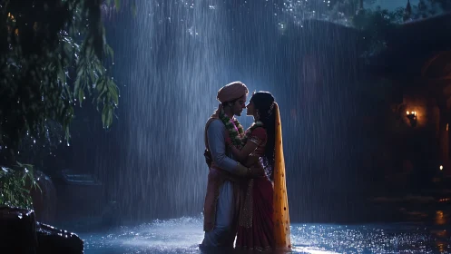 Romance Cascades Through Monsoon's Luminous Embrace.