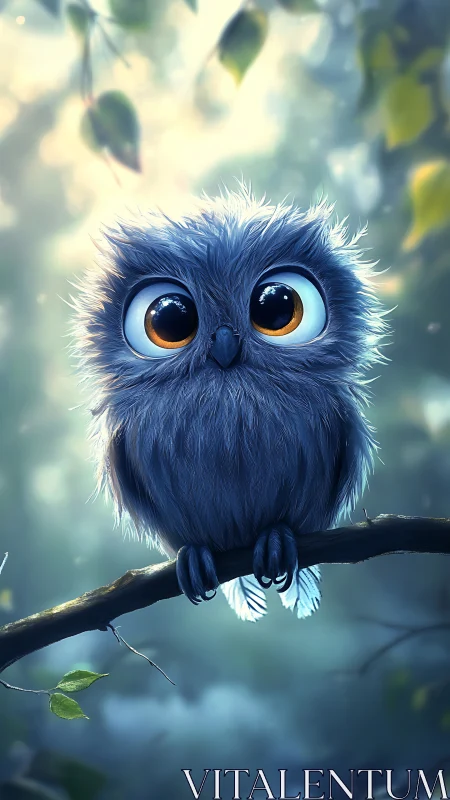 Wide-eyed fluffy owl perches dreamily in soft forest glow.