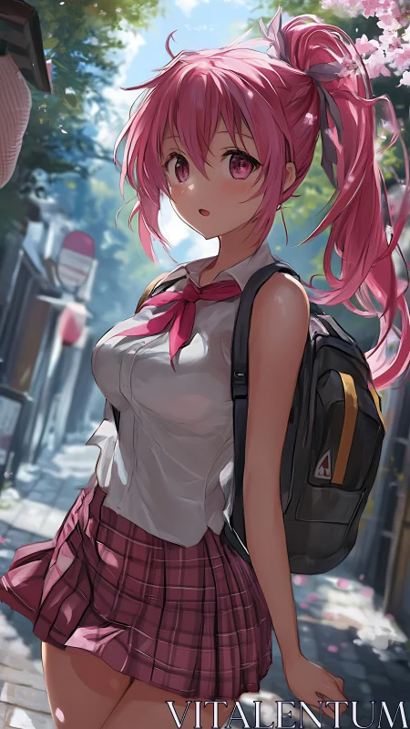 Pink haired schoolgirl walks sunlit street under blossoms