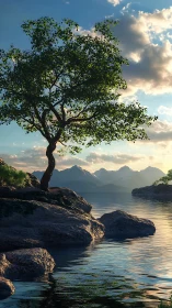 Tree stands on rocky lakeshore against distant snowy mountains