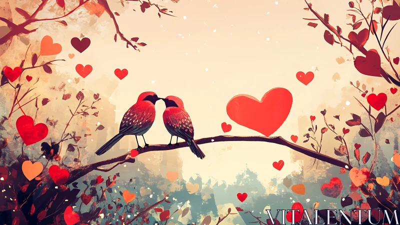 Two birds perched on branch with decorative heart motifs and forest background