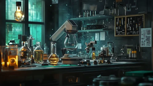 Laboratory workstation displays glassware, analyzer and samples