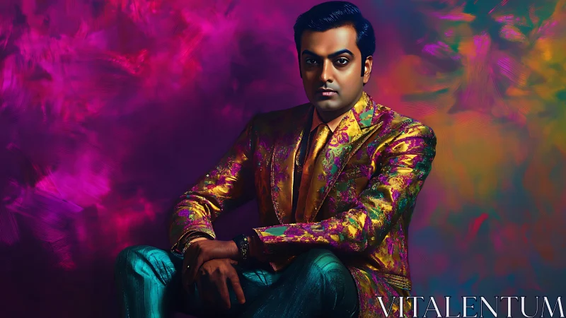 Portrait of man in metallic patterned suit on vivid background.